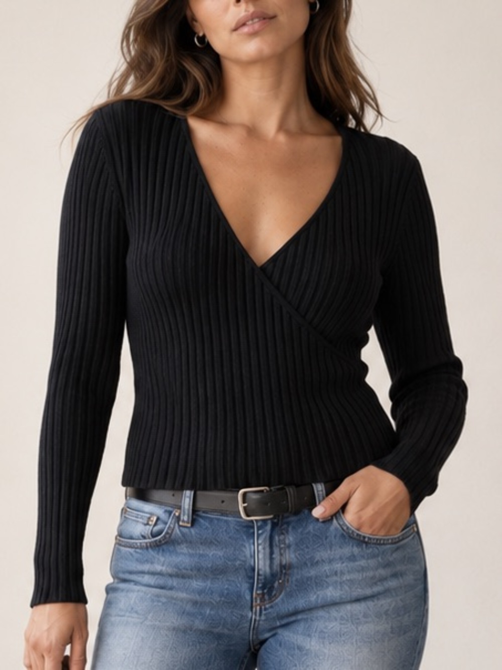 Vintage Guess Jeans Black Ribbed Wrap L Sweater Bodycon Knitwear Y2k 90s